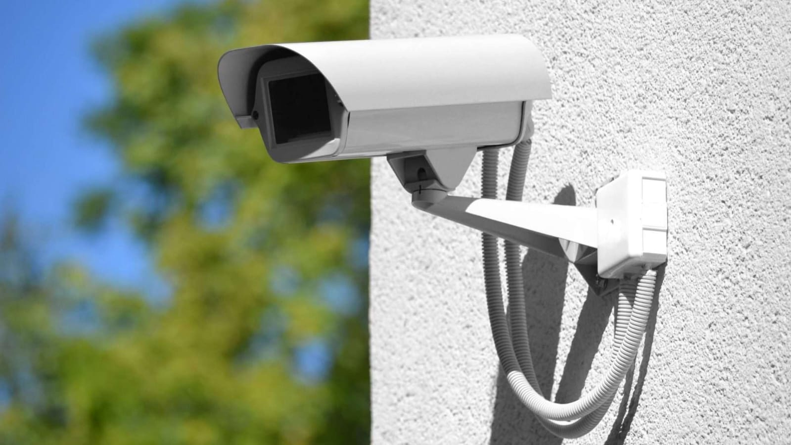 Wall-mounted CCTV monitor showing a live split-screen view of a restaurant dining area, kitchen, stores and entrance